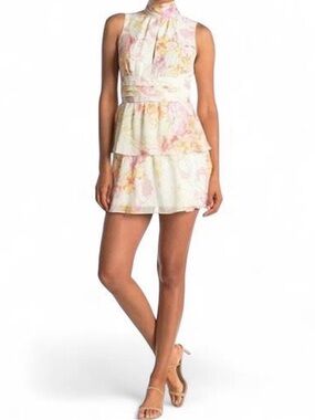 Amanda Uprichard Pastel Floral Tiered High-Neck Mini Dress